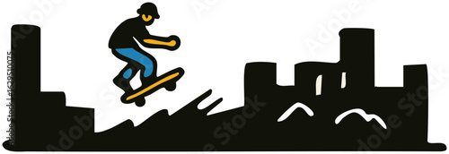 Vector art illustration of a woman silhouette in a red dress within a black grunge ink city design featuring cartoon drawing elements and kanji signs