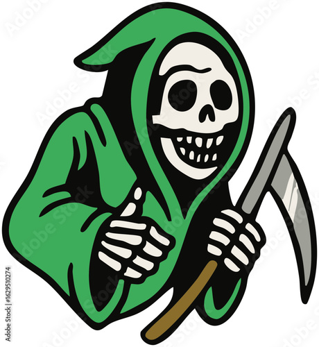 Funny cartoon zombie face illustration featuring a happy monster character with a comic smile and toothy mouth design as a vector icon for Halloween