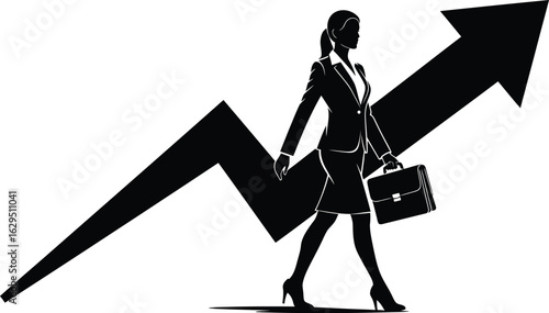 Businesswoman walking with growth arrow isolated on white background