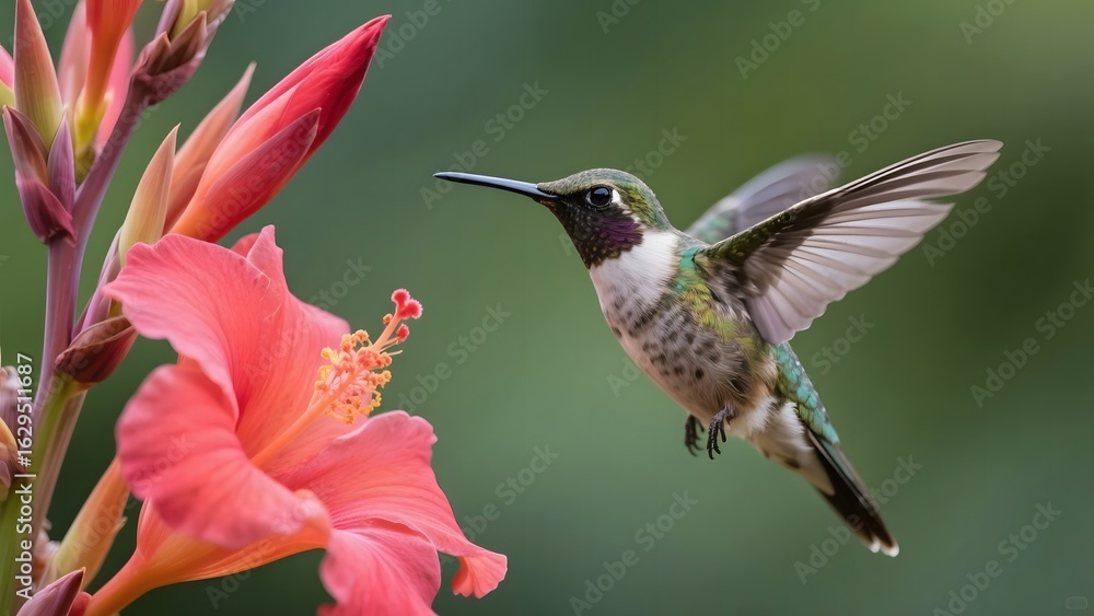 Fototapeta premium Hummingbird Hovering Near Vibrant Pink Flower