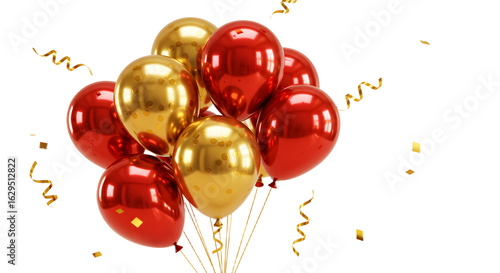 Shiny red and gold balloons tied with golden ribbon, perfect for festive celebrations and party decorations