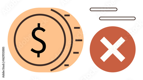 Coin with a dollar sign and a red cross icon suggesting financial issues or transaction failures. Ideal for finance, business, loss prevention, budgeting, rejection, error reporting, investment