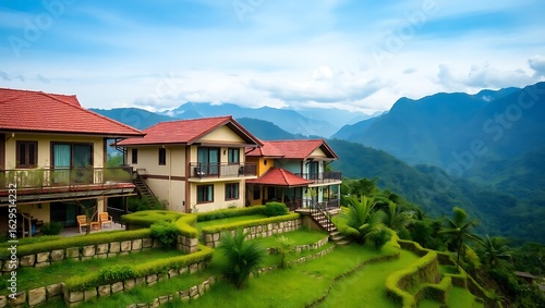 Wallpaper Mural Elevated terrace homes with mountain backdrops, Southeast Asian countryside Torontodigital.ca