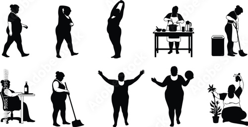 Diverse women silhouettes showcase daily activities and self-care