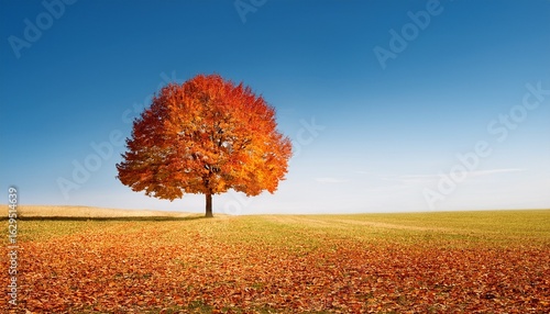 a minimalistic autumn scene with a lone tree and colorful leaves copy space realistic fusion open field backdrop