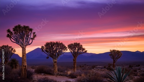 quiver trees silhouetted in desert sunset with mountains and purple sky