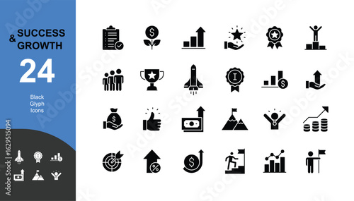 Success and growth icon set. Glyph style. Personal, professional, and financial progress symbols. Career, business development, achievement. Silhouette, solid symbol.