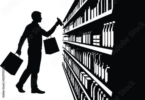 Man shops for bottles on crowded store shelves with shopping bags