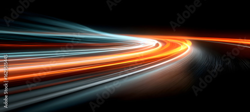 Futuristic Orange and Blue Light Trails with Motion Blur, Symbolizing Speed and Innovation