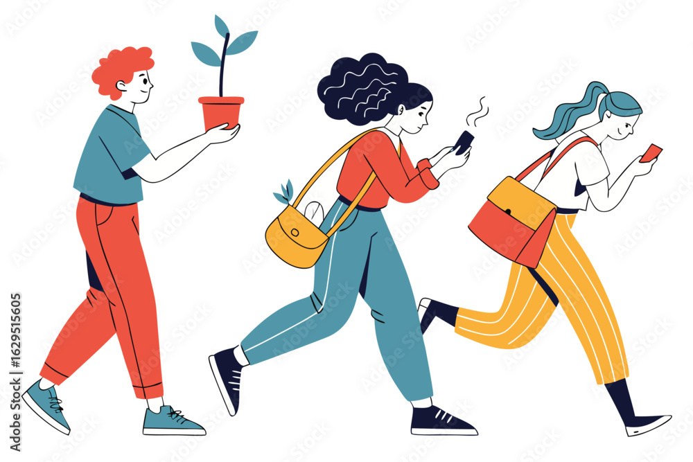 Fototapeta premium Active young women walking and texting, carrying plants and bags, flat vector illustration 