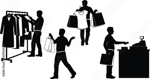 Men shop for clothes and pay at checkout with credit card