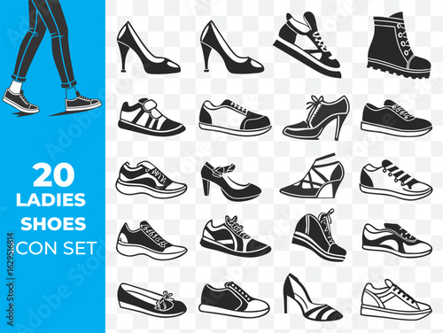 20 Ladies Shoes icon set silhouette black and white 