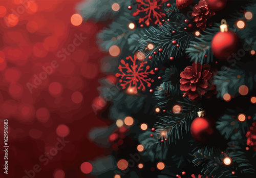 Red background with Christmas snowflakes and bokeh lights. Abstract red festive background for design, banner, or greeting card. Stock photo of a Christmas background