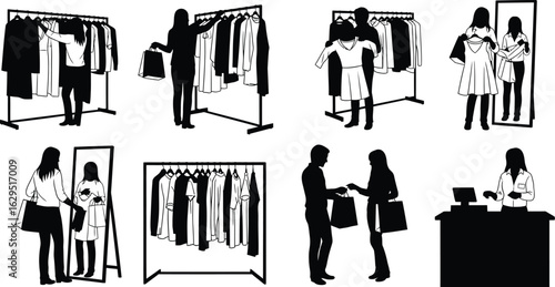 People shopping for clothes, trying on outfits, and checking out