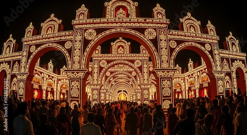 Spectacular Durga Puja Pandal Illumination and Festive Crowd in Kolkata, India
