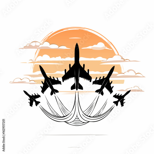 Silhouette of airforce jets flying in formation during sunset, leaving smoke trails behind