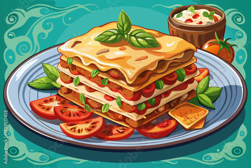 vector of Delicious lasagna with toasted bread in a stylish dish with a contrasting background.