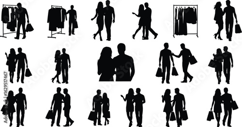 Couples enjoy shopping, carrying bags, browsing clothes