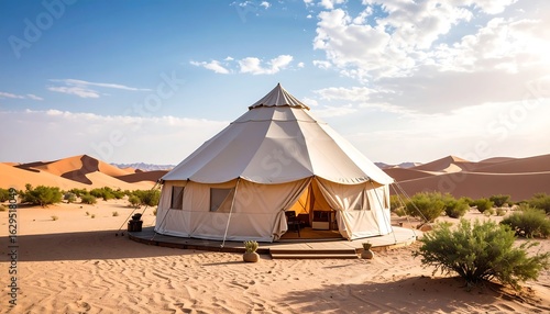 Luxury desert camping experience at a serene tented camp under a brilliant sky