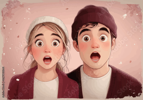 A cartoon drawing of a man and a woman with their mouths open. The man is wearing a hat and the woman is wearing a scarf. Scene is lighthearted and playful