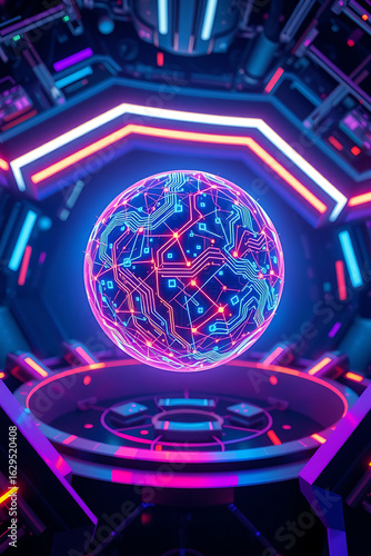 Glowing sphere with circuit patterns in a futuristic, neon-lit, hexagonal chamber.