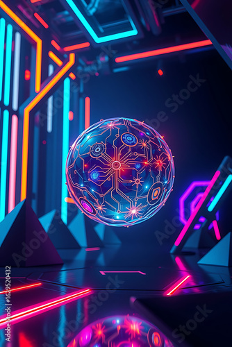 A glowing sphere with intricate circuits floats in a futuristic, neon-lit environment.