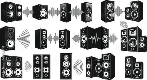 Dynamic audio speakers emit sound waves in modern graphic style
