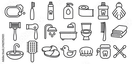 Bathroom Line Icon Black and White Color Hygiene and Toiletries Illustrations Vector Design, Shower, Brush, Comb, Soap, Dental, Spa, Wellness, Bathtub, Collections Isolated White Background