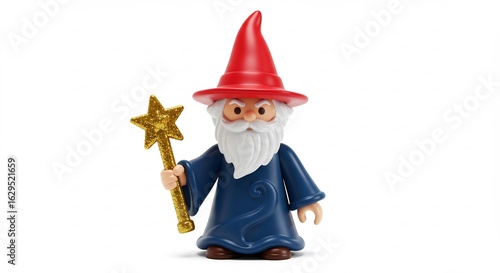 Smiling wizard figurine playfully holds golden star wand bright studio lighting. AI Generated