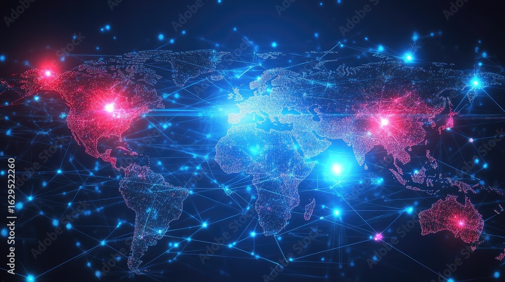 Fototapeta premium Interconnected digital world map glowing with global data nodes