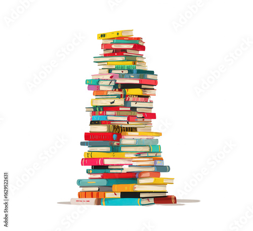 Towering stack of colorful books
