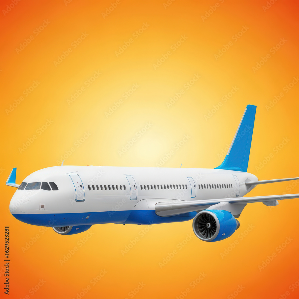 Fototapeta premium Aviation Transport Aircraft Commercial Flight Travel Concept with Modern Airplane Design on Orange Gradient Background for Business and Tourism Industry
