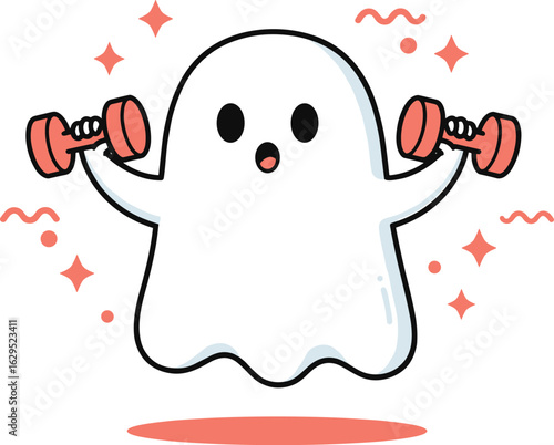 Cute ghost cartoon, ghost lifting weights, funny ghost character, Halloween fitness illustration, spooky workout ghost, gym ghost mascot, kawai