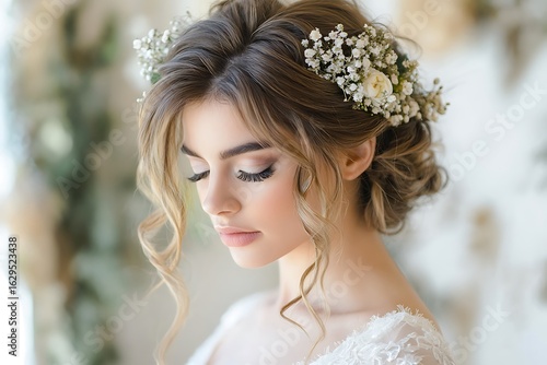 A bridal look featuring a loose, textured updo with soft, wavy curls and an elegant flower crown 