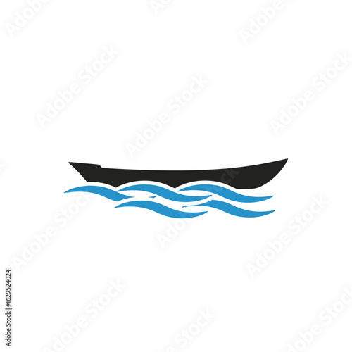 Simple silhouette of a small boat on stylized water waves.