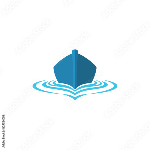 Valokuva A stylized blue boat facing forward, sitting on stylized blue water with gentle waves, isolated on a white background