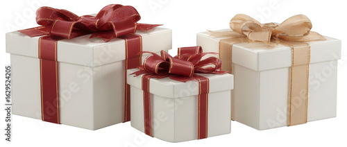 Three white gift boxes with red and beige ribbons