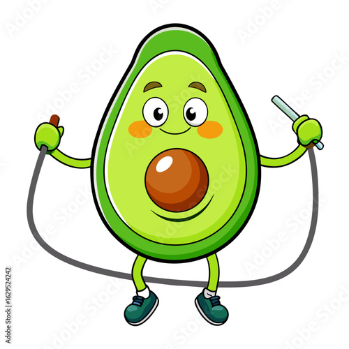 Cute avocado character jumping rope isolated on white background