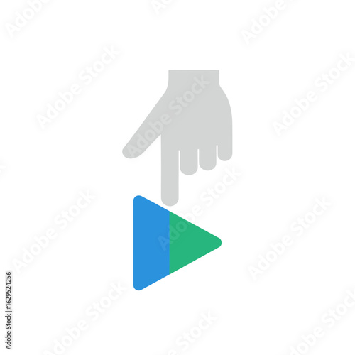 A stylized graphic of a grey hand pointing down to a blue and green play button icon on a white background.