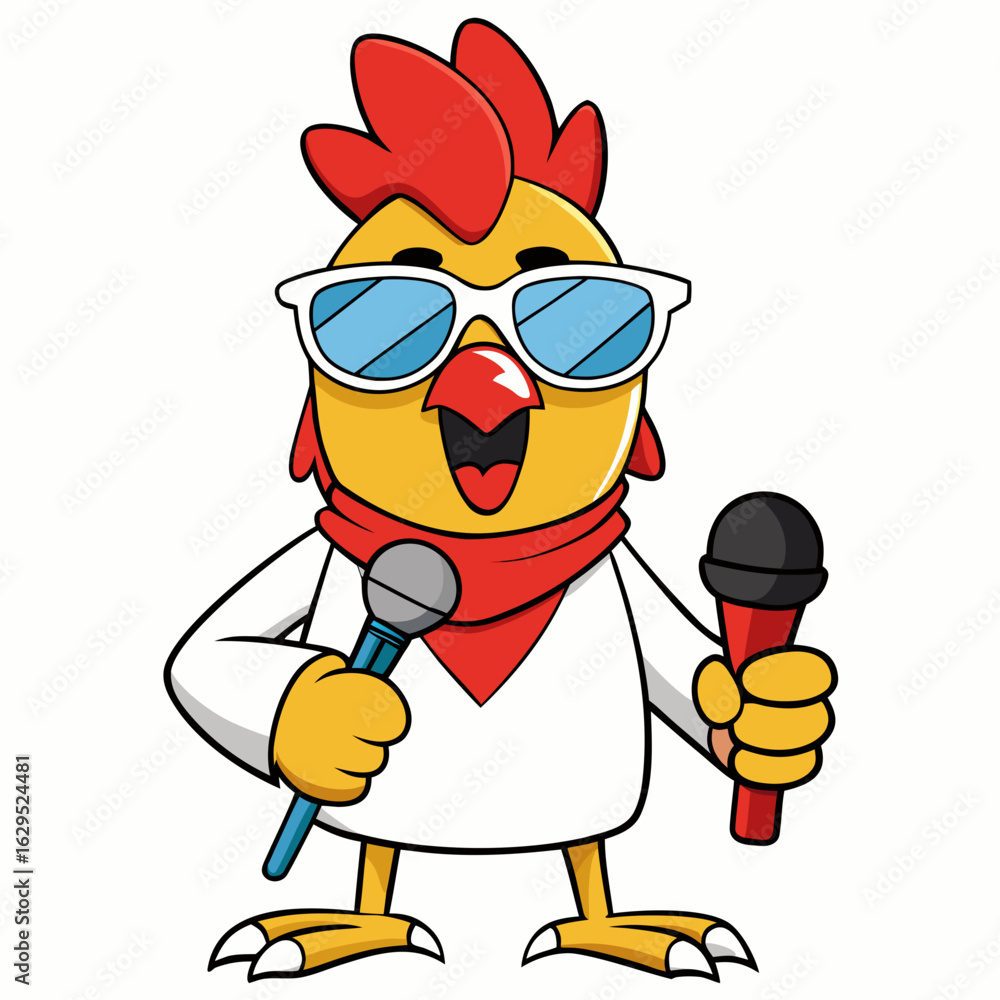 Obraz premium Cartoon rockstar chicken holding microphones isolated on white background