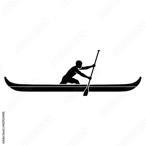 Black silhouette of a person paddling a traditional canoe with a single-bladed paddle.