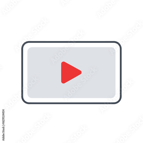 Simple, flat design of a rectangular video player icon with a red play button.