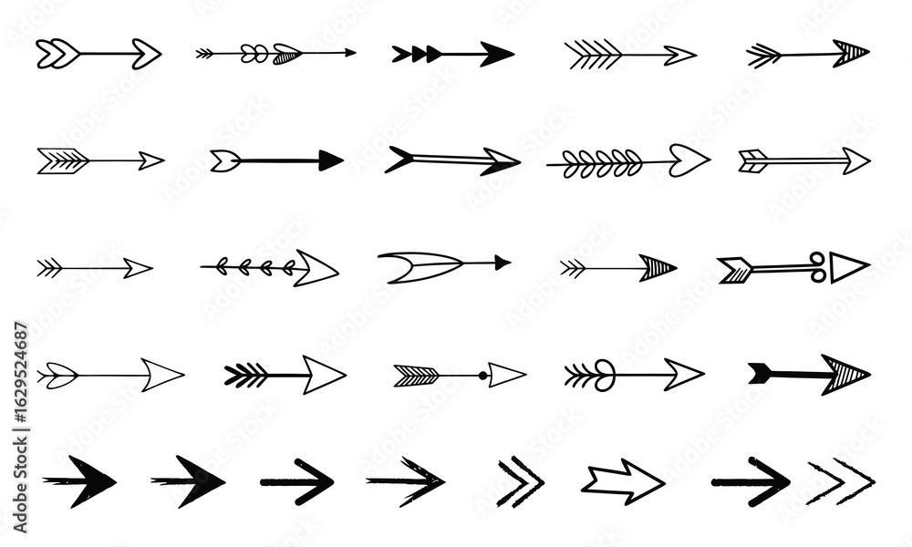 Naklejka premium Collection of diverse hand drawn arrows in a variety of styles and designs on a white background
