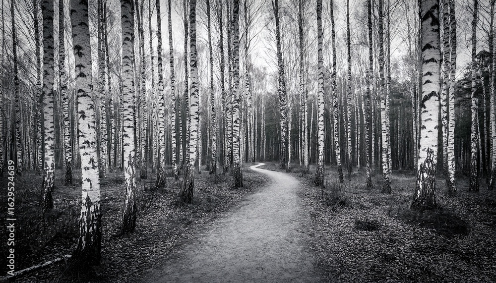 Naklejka premium a monochrome path winding through a dense birch forest with tall trees and a serene atmosphere
