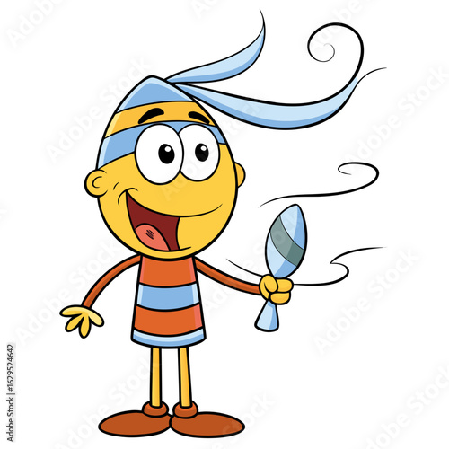 Happy cartoon character with a maraca isolated on white background