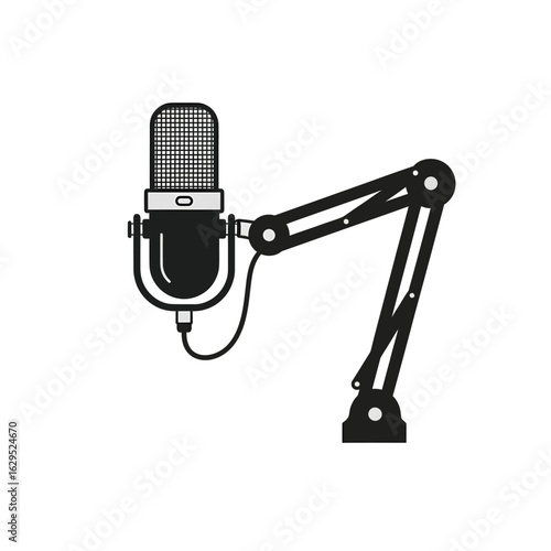 A black and white illustration of a vintage microphone on a boom arm, ready for recording.