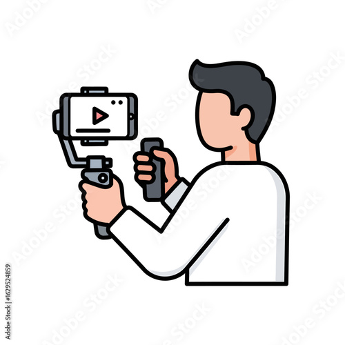 A person films a video using a smartphone mounted on a handheld gimbal stabilizer.