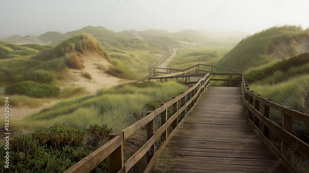 © Suresh Thangavel - Coastal path through sand dunes, wooden boardwalk, foggy morning light serene, earthy tones © Suresh Thangavel - Coastal path through sand dunes, wooden boardwalk, foggy morning light serene, earthy tones
