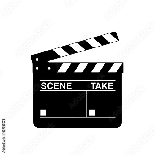 A simple black and white graphic illustration of an open film clapperboard on a white background.