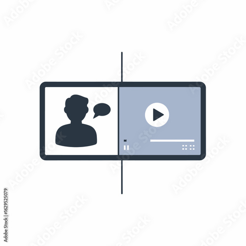 A split screen displays a silhouette of a person with a speech bubble on one side and a video player interface with a play button on the other.